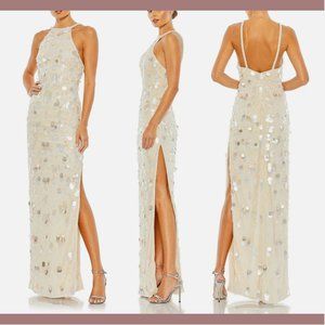 NWT $598 Mac Duggal [ 4 ] Crystal Embellished Cascade Column Gown Porcelain Crea